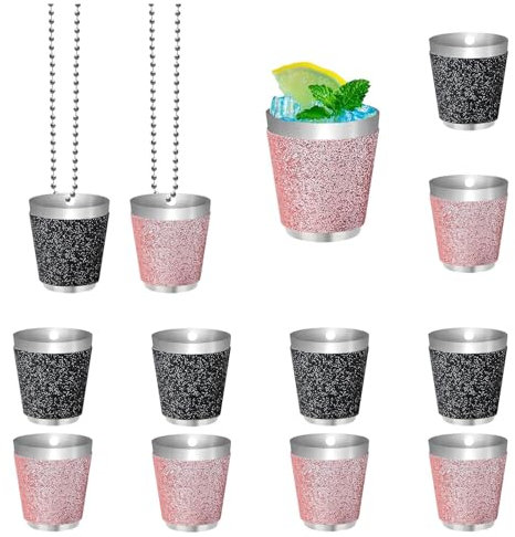 12 stycken shotglas att hänga upp snapsglas i rostfritt stål med kedja, 30 ml shotglas för att hänga upp litet shotglas med nackband för bröllopsfest, födelsedagsfest, möhipporetfest