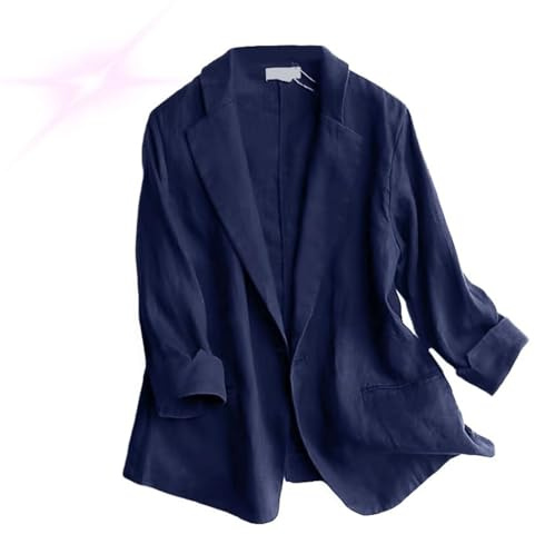 Generisk linneblazer för kvinnor på sommaren, lätt, avslappnad arbetsjacka av linne med en knapp, 3/4-ärmar, , elegant kostymjacka för kontoret, Mörkblå, 3XL