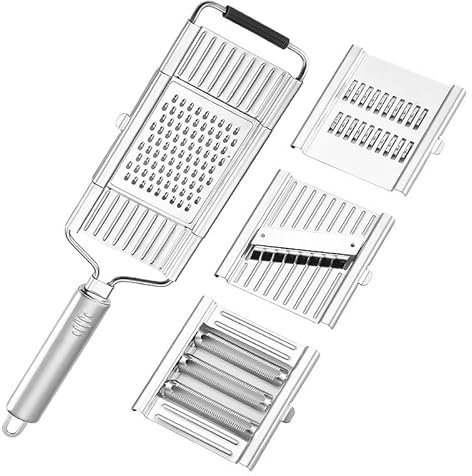 Cortador de Verduras Multiusos 4 en 1 de Acero Inoxidable 430 - Rallador y Rebanador de Cocina con 3 Cuchillas Intercambiables y Soporte de Seguridad - Ideal para Patatas, Zanahorias y Queso
