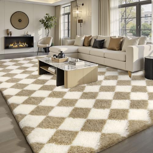Sour Lemon Tapis à carreaux à poils longs, tapis pour salon, antidérapant, lavable, extra grand, moelleux, à poils longs, pour chambre à coucher, chambre d'enfant, couleur: beige et blanc