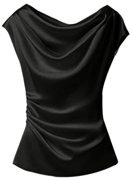 SOLY HUX Women's Satin Blouse Ruched Cowl Neck Elegant Shirt Summer Tops Work Office Outfits Solid Black X-Small