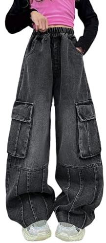 Baggy jeans flickor breda ben ungdomar jeans hög midja hip hop fritidsbyxor Y2k byxor bekväma träningsbyxor med fickor streetwear casual utomhusbyxor breda jean barn