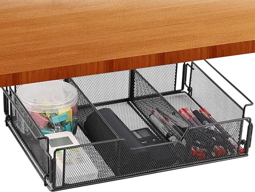 Under Desk Drawer - Under Table Pen Storage Tray,Metal Divided Organizer Drawer for Home Cabinet Supplies Pencil for Adults Women Men