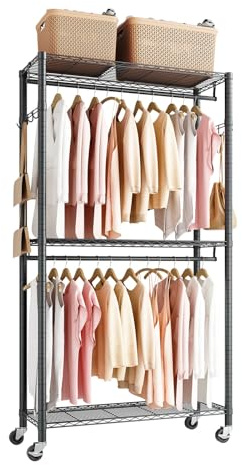 VEVOR Perchero Ajustable con Ruedas, de Acero al Carbono, con 2 Barras para Ropa, Carga de 204 kg, 3 Estantes y 8 Ganchos, para Dormitorio, Tienda de Ropa, Armario o Pasillo, 90 x 40 x 199,9 cm