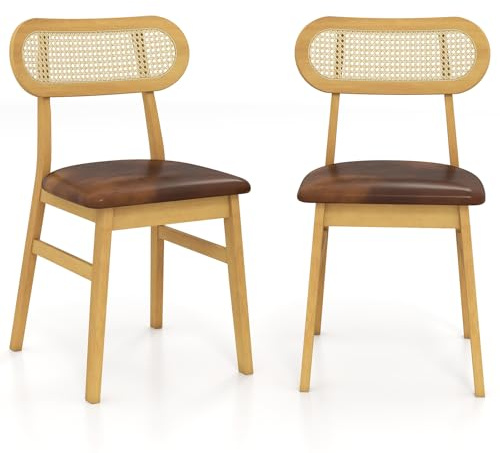 COSTWAY Uppsättning av 2 matrumsstolar trä, trästolar med vadderad sits, överdrag av konstläder och rottingryggstöd, 2 fritidsstolar för kök och matsal (vintage)