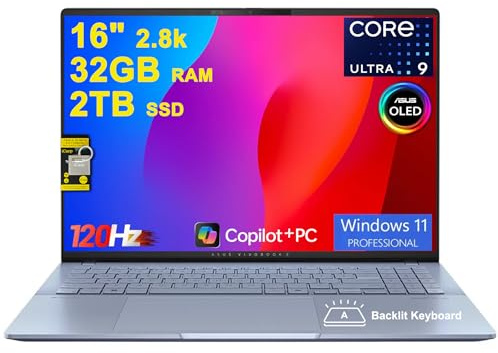 ASUS Vivobook S16 AI PC Laptop 16 2.8k OLED 120Hz (600nits, 100% DCI-P3) Intel 16-core Ultra 9 285H 32GB RAM 2TB SSD Backlit for Creator Designer Business Professional Win11Pro ICP Hub
