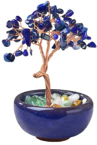 VLYX Lapis Lazuli Gemstone Tree of Life, Crystal Money Tree, Room Decor | Handmade Lapis Lazuli, Natural Blue Stone, Desk Ornament, Room Decor, Crystal Gifts for Women, Home Office, Calming Zen
