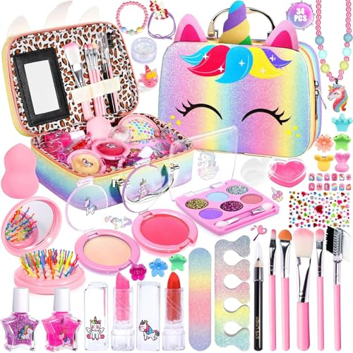 NCKIHRKK Kit de Maquillaje para Niñas, Set de Maletin Maquillaje niñas Lavable y No Tóxico, Estuche Maquillaje Niña Juegos de Cosméticos, Regalo Cumpleaños Navidad para Niñas 5 6 7 8 9 10 Años
