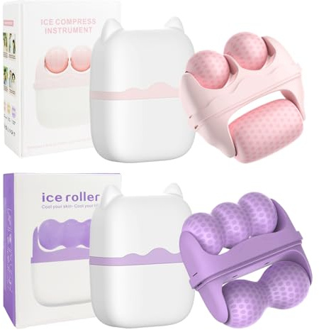 DRADERCH Lot de 2 Rouleaux à Glace pour Visage et Yeux, 2-en-1 Ice Roller | Masseur Facial à Froid avec Boîte de Rangement, Cryothérapie contre les Poches, Rides et Gonflements (Rose, Violet)