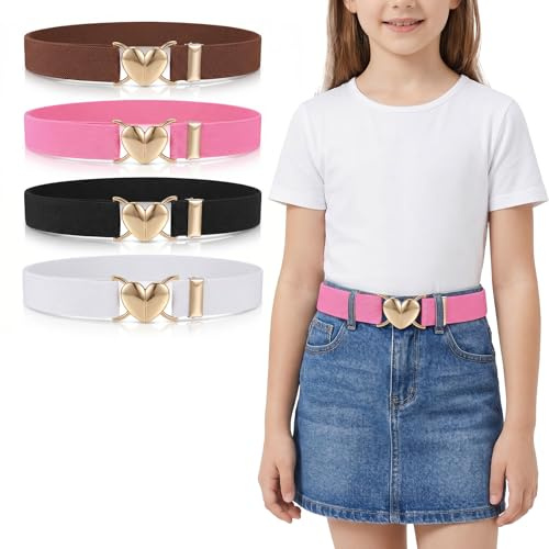 4 Pack Elastic Kids Belts, Adjustable Cute Heart Shape Girls Belt, PU Leather Girls Belt with Alloy Buckles, 16-32 Inches Stretch Belts for Jeans Dresses Parties School (Black+White+Brown+Pink)