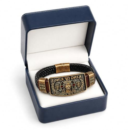 King of Kings Faith Bracelet Adjustable Christian Wristband Gift, Christian Leather Bracelet with Jesus, for Men of Faith, Religious Gift for Men, Dad, Husband, Pastor, Dad (Blue)