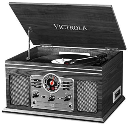 Victrola The Quincy 6-in-1 Bluetooth Record Player & Multimedia Center with Built-in Speakers – 3-Speed Turntable, CD & Cassette Player, FM Radio, Wireless Music Streaming (Grey Wood)