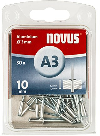 Novus Rivetti ciechi in alluminio, 10 mm, 30 rivetti, Ø 3 mm, lunghezza morsetto 5,0 – 7,5 mm, per il fissaggio di metallo non ferroso