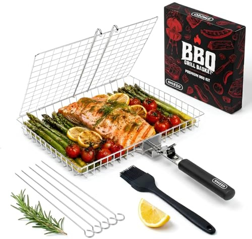 SHIZZO Grill Basket Set, Barbecue BBQ Grilling, Stainless Steel Folding Portable Outdoor Camping Rack for Fish, Shrimp, Vegetables, Cooking Accessories, Gifts for Dad, Men, husband