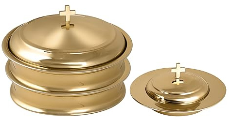 Communion Ware - 2 bandejas para servir vino sagrado con tapa y 1 plato de pan apilable con tapa, acero inoxidable (latón/dorado brillante)