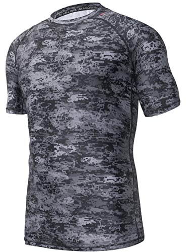 HUGE SPORTS Mens Rash Vest Short Sleeve Rash Guard Quick Drying Wetsuit Swimming Shirts for Surfing (Pixel Dark,S)