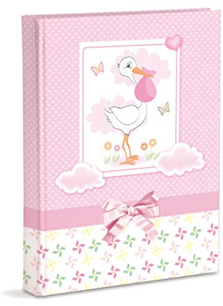 Álbum de fotos de nacimiento cm 21x28 con bolsillos contiene 200 fotos cm 13x18, cigüeña rosa