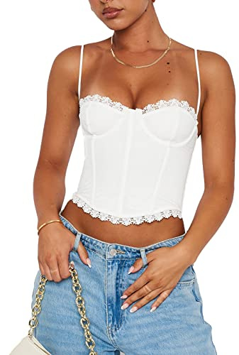 FeMereina Corset Tops, Summer Mesh Sexy Bustier for Women, Lace Corset Y2k Spaghetti Strap Boned Going Out Crop Top (White, S)