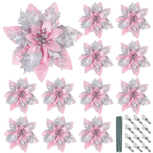 BOFUNX 12pcs Fleurs de Poinsettia 14.5cm Scintillantes Artificielles Fleurs Rose de Noël à Paillettes avec Tige Pince pour Sapin Decoration Ornements Noël Sapin