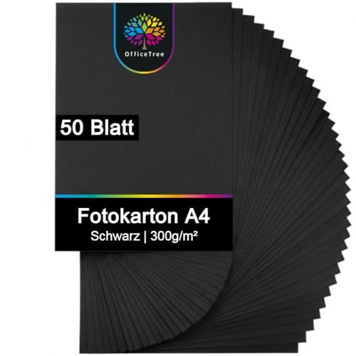 OfficeTree 50x Papier Noir Cartonné A4 300g - Papier Carton Noir pour Bricolage, Découpage & Scrapbooking - Papier Cartonné - Feuille Noire A4 - Papier Cartonne - Feuille Cartonnée