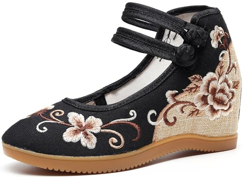 TangDao Zapatos Bailarina de Tacón Alto de Mujer, Zapatos de Tela Bordados con Cuña de Estilo étnico Merceditas (Negro, Adulto, Mujer, 38, Números, Sistema Tallas Calzado EU, Mediano)