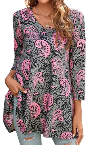 Enmain Tunica Larga Manga 3/4 Mujer Blusas Largas Camiseta Cuello V Loose Fit Tops Floral Elegante Casual para Mujeres Tunica Gris y Rosa, XL