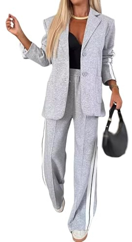 Nbzsmlkn 2 Piece Casual Set with Blazer and Joggers for Women,Women's Lapel Long Sleeve Casual Suit,Oversized Jacket Wide Leg Pants Suits Notch Lapel Loose Fit Sets (Gray,M)