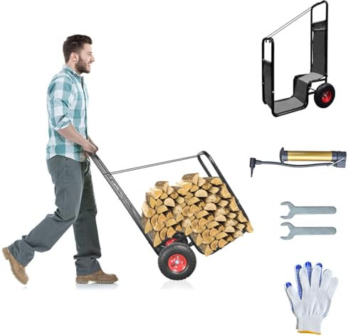 KAIDIDA Carrito de leña para exteriores con ruedas de goma neumáticas, gran capacidad de carga, carros de fuego portátiles de acero resistente y duradero, 44 x 27 x 20 pulgadas, transportador de