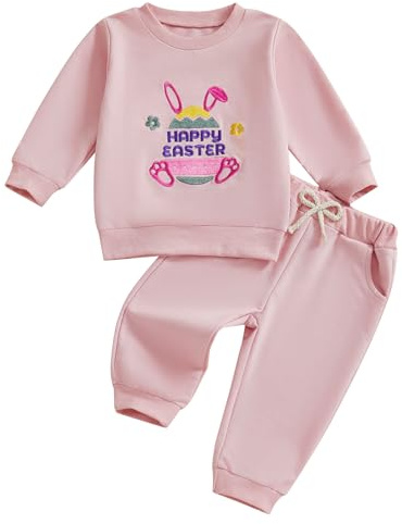 Felcia Toddler Girl Easter Outfits Rabbit Ear Letter Carrot Embroidery Crew Neck Long Sleeve Tops Long Pants 2Pcs Clothes Set (A-Pink, 18-24 Months)