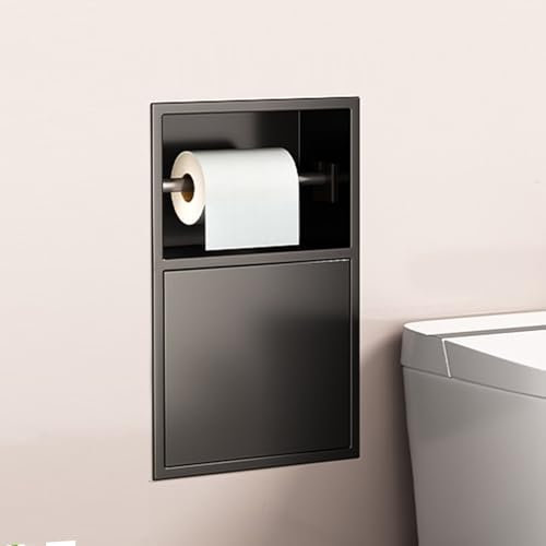 Organizador de ducha empotrado de acero inoxidable con cubo de basura integrado y soporte de papel higiénico para almacenamiento de baño y cocina.