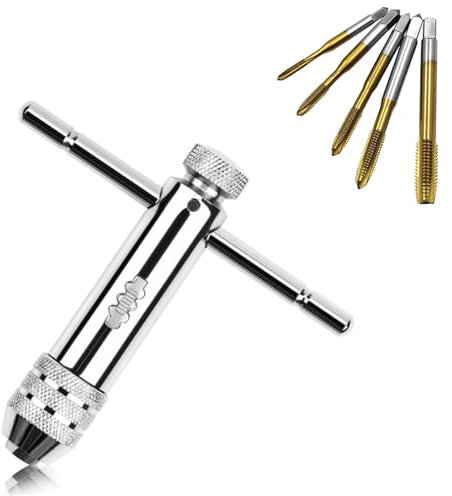 T Griff Gewindebohrer Set, Metall-Gewindebohrer Set 5 Stück, HSS Titanium-beschichtet in M3/M4/M5/M6/M8, T-Griff Ratsche & Schälanschnitt, Einstellbares Gewinde Gewindebohrer