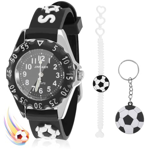 ertlutw Montre à quartz analogique pour garçons de 3 à 12 ans avec porte-clés ballon de football, Noir , Décontracté