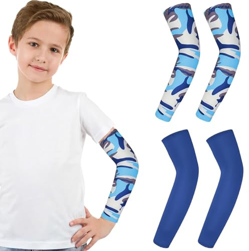 LUYANFX Manguitos Voleibol Baloncesto Niños Mangas para Brazos Protección sol 2 Pares Manguitos Proteccion Solar Manga L para Correr, Ciclismo, Skateboarding (Azul + Camuflaje)