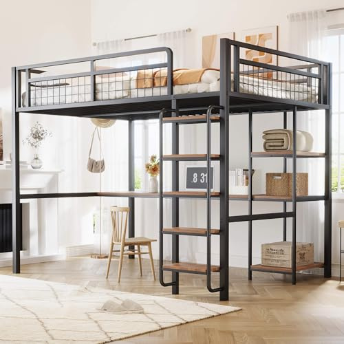 HYUB Cama alta de 140 x 200 cm con escritorio y espacio de almacenamiento, litera con escalera y protección anticaídas, marco de cama con somier, cama para niños y adolescentes, color negro