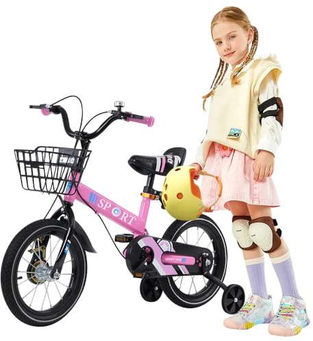 Bicicletta per bambini, 16 pollici, bicicletta per il tempo libero, bicicletta per ragazzo e ragazza, 5 anni a 8 anni, rosa