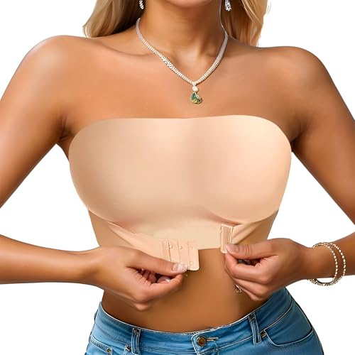 Quixion Strapless Bras, Seamless Strapless Bras for Women, Bandeau Bra, Front Buckle Women Non Padded Top Tube Bras, Stretchy Non-Slip Tube Br-a, Invisible Straples-s Bandeau Br-a (Size:XL) Beige
