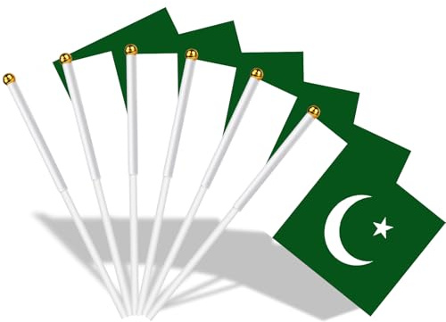 AhfuLife Bandera de Mano Pakistán, 15 Piezas Bandera Pakistán Pequeña con 30cm Palo para Decoraciones de la Copa Europea, Eventos Deportivos, Celebración, Desfile, Día Nacional, Fiesta