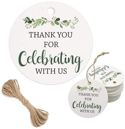 60 Piezas Etiquetas de Papel, 6cm Etiquetas de Regalo con Cuerda de Yute, Thank You for Celebrating with Us Gracias Etiqueta, Blanco Paper Tags para Decoración de Regalo de Boda Fiestas Cumpleaños