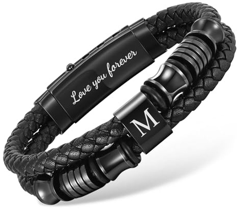 Initial Braided Leather Bracelets for Men - Double-Row Braided Mens Leather Bracelet Adjustable Wristband Initial Bracelet with Stainless Steel Clasp Unique Jewelry Gifts for Husband Dad Friend Son
