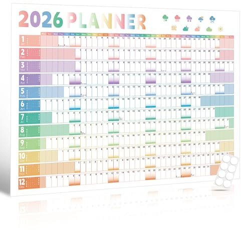 2026 Wall Planner - Yearly Wall Calendar A1 (84.1 x 59.4cm) - Large Laminated Schedule Planner with 8 Stickers, Home Office School Organiser, Left-Right Color Split, Pastel