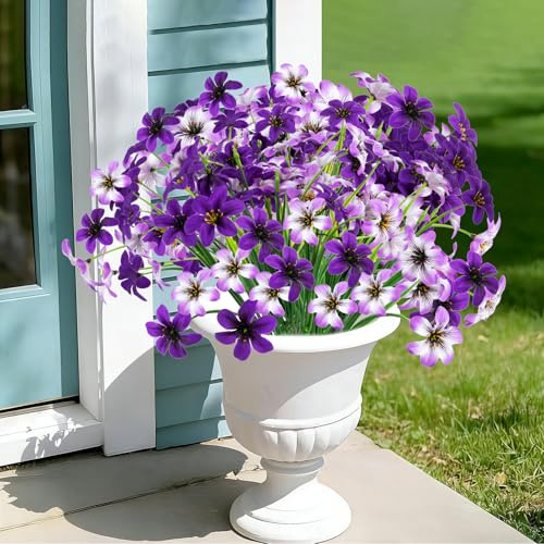 QIHANS 16 paquetes de flores artificiales para exteriores, 2 colores de plantas artificiales para exteriores, flores de seda resistentes a los rayos UV, flores de plástico sintético realistas, jardín