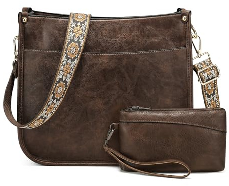 BAIGIO Bolso Bandolera Mujer Cuero PU, Bolso Mujer Bandolera Mediano con Correa Ancha, Bolsos Hombro Cruzado Mujeres y Monedero Carteras Set para Viaje Trabajo Casual Escuela (Café-2PCS)