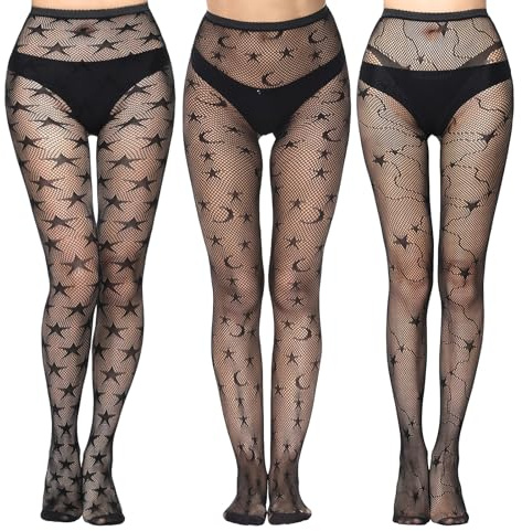 Xazuninsu 3 Pcs Star Tights,Pattern Tights for Women Black Star and Moon to Enhance Leg Lines