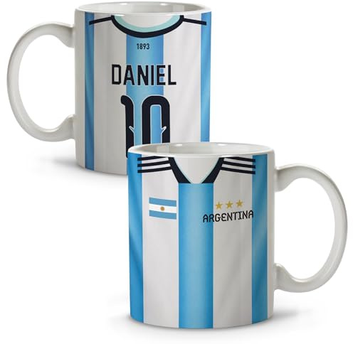 Taza Futbol Personalizada Nombre y Dorsal. Taza Mundial de Fútbol. Tazas Desayuno. Cosas de Futbol para Niños. Entrenador Futbol. Colección Mundial 2026. Apta para lavavajillas 330ml ARGENTINA 2026