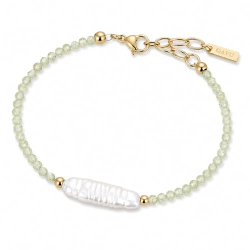 GAVU Pulsera Mujer Minimalista con Peridoto Natural Facetado de 3 mm y Perla Barroca Central, Pulsera Ajustable Elegante Mujer