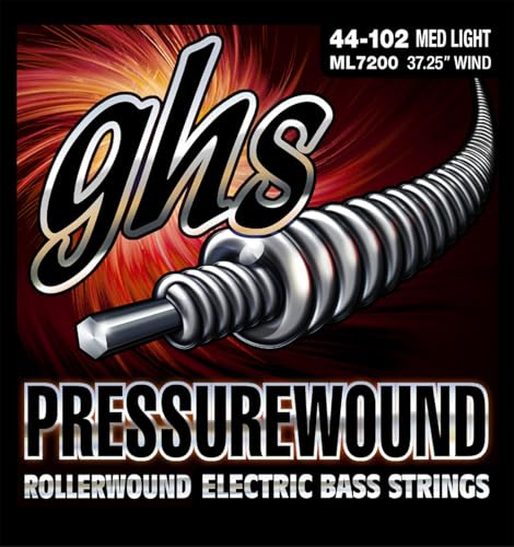 GHS Strings – Pressurewound Bass Guitar Strings – Alloy 52 Rollerwound for Smooth Feel, Bright Punchy Tone & Reduced Finger Noise – Made in USA – Medium Light (ML7200 SET) - 44-102
