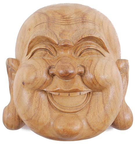 Maschera del Buddha sorridente in legno esotico lordo H20 cm