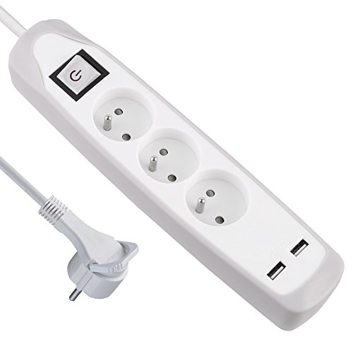 Electraline Gummy 35601 Bloc Multiprise 3 prises et 2 USB - couverture en silicone protection contre impacts - câble 2 mt - fiche plat