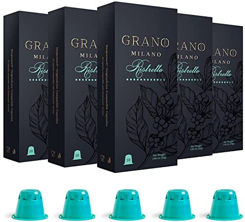 Grano Milano Ristretto Coffee Capsules - 50 Pods Compatible with Nespresso Original line, Medium Roast - Intensity 10/12, Espresso Coffee Capsules Made in Italy
