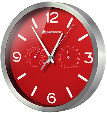 Bresser Funkuhr Wanduhr MyTime ND Thermo-Hygro mit geräuschlosem Funkuhrwerk, Edelstahlrahmen und Anzeige für Temperatur und Luftfeuchtigkeit, rot, 250x250mm